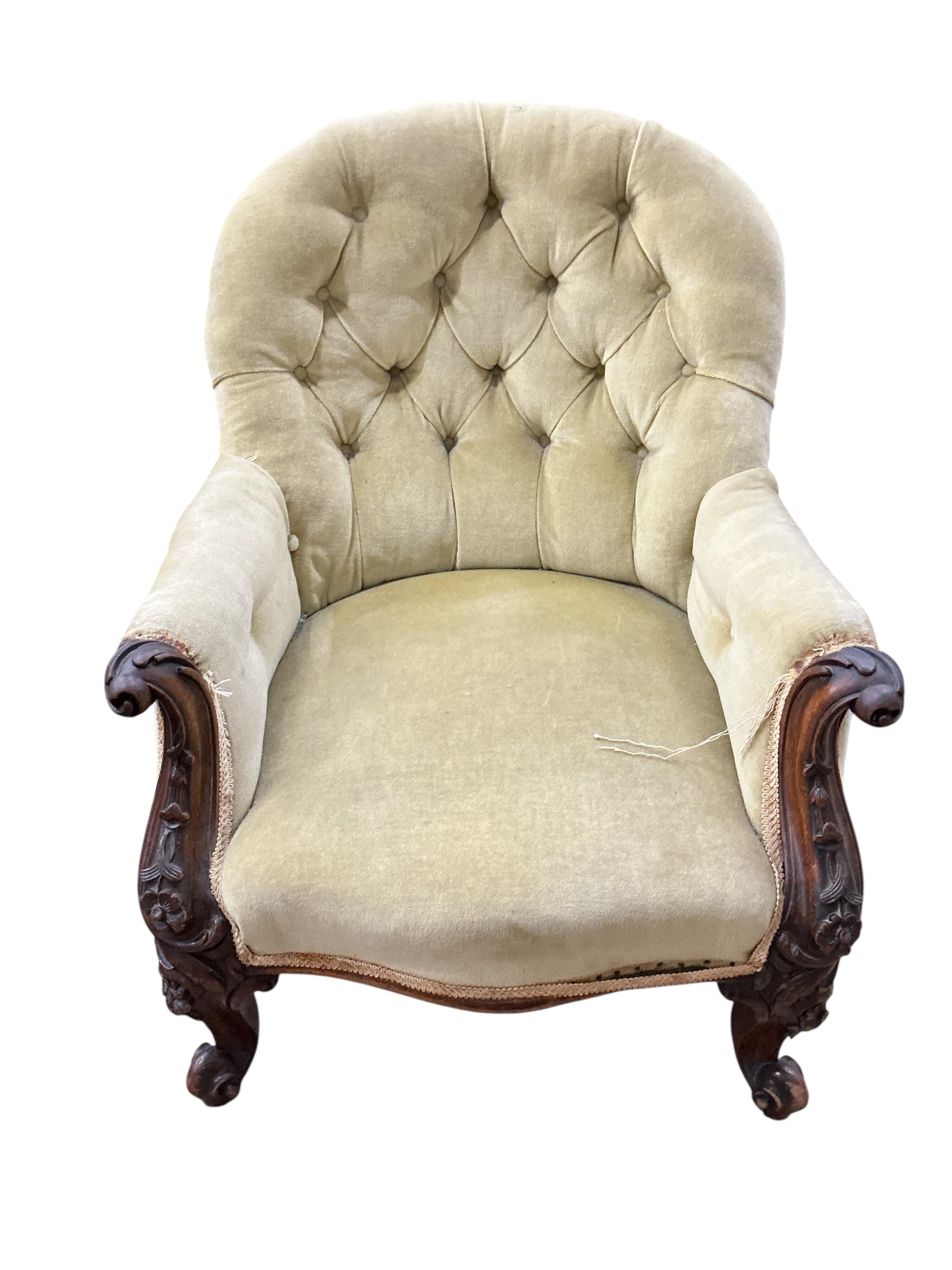 A Victorian mahogany button back armchair, width 68cm, depth 80cm, height 84cm